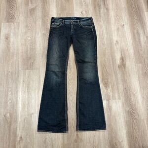 Vintage 00s Y2K Silver Aiko Bootcut Jeans Size 32x34 Blue Low Rise Dark Wash